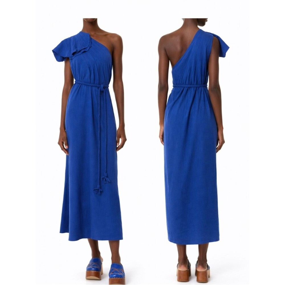 FARM Rio Blue One Shoulder Ruffle Maxi Dress Size Small Resort Wedding Guest